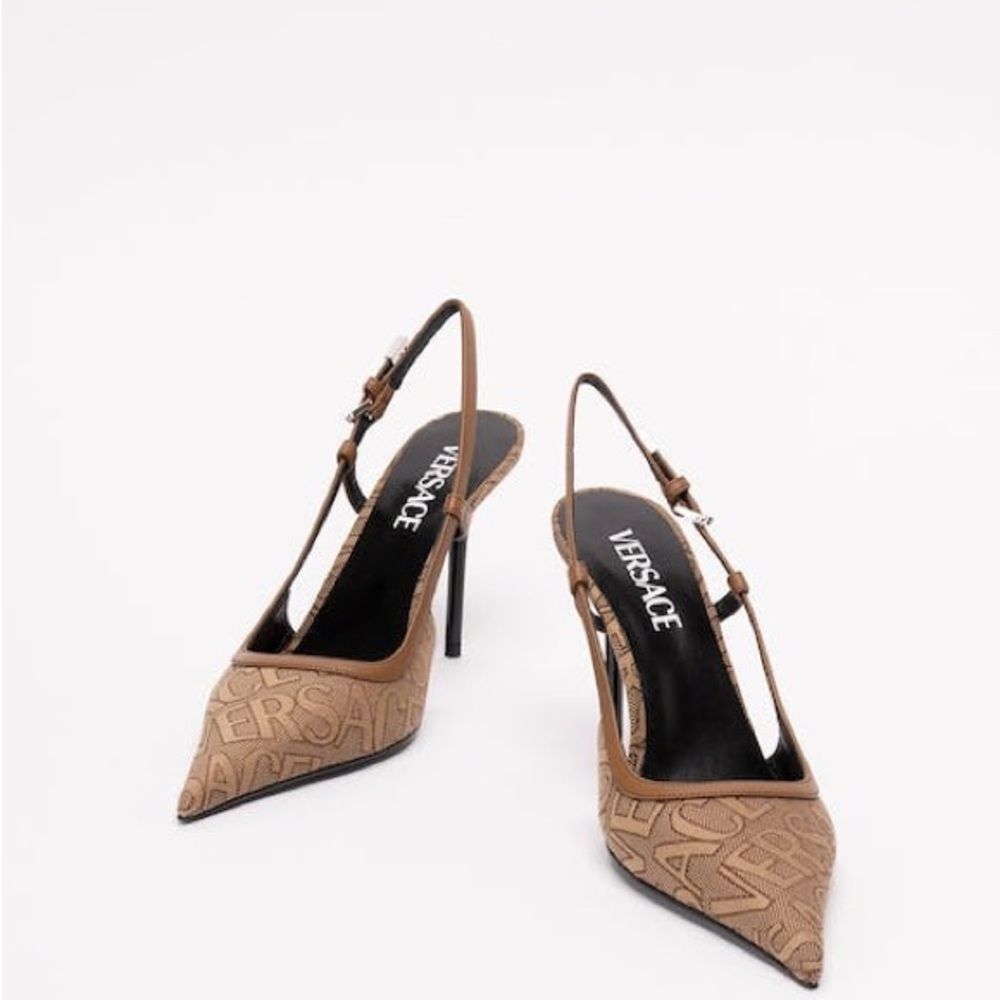 Versace Allover Logo Canvas Slingback Pumps In Brown Size 41 - Picture 4 of 13